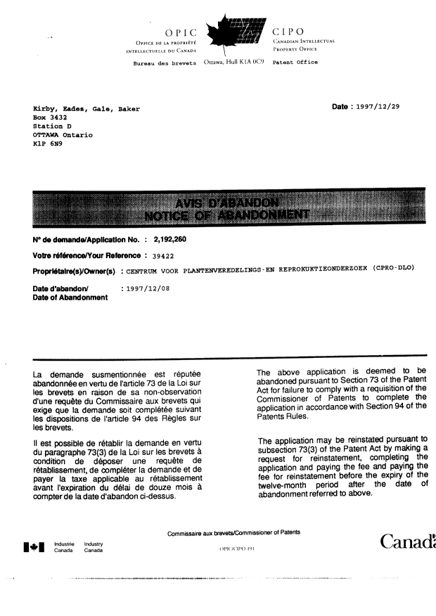 Document de brevet canadien 2192260. Taxes 19971229. Image 1 de 1