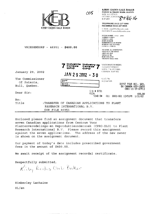 Document de brevet canadien 2192260. Cession 20020129. Image 1 de 4
