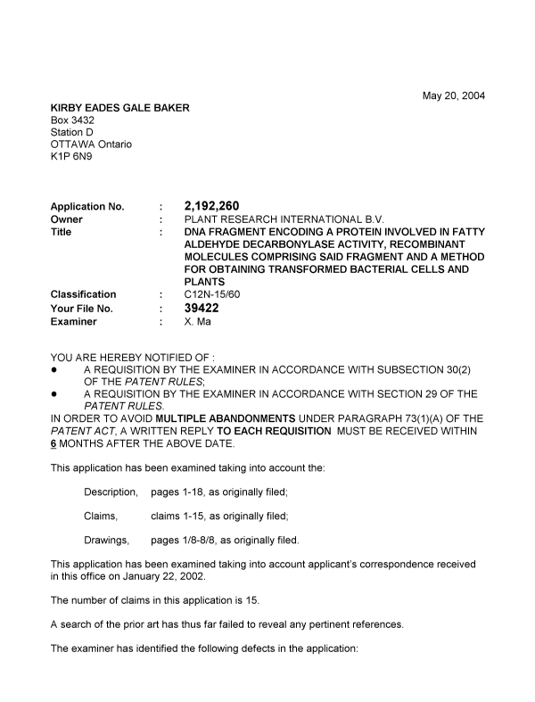 Document de brevet canadien 2192260. Poursuite-Amendment 20040520. Image 1 de 3