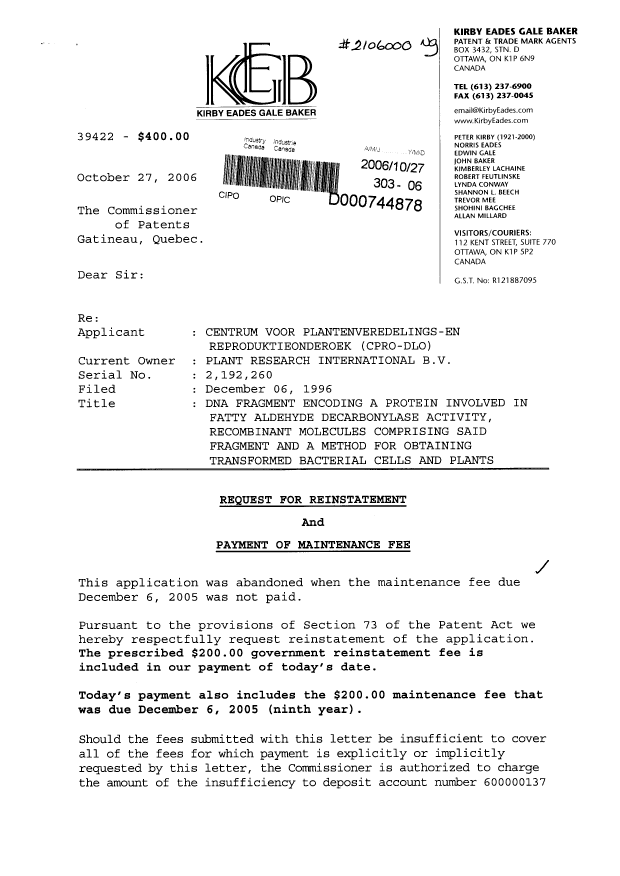 Document de brevet canadien 2192260. Taxes 20061027. Image 1 de 2