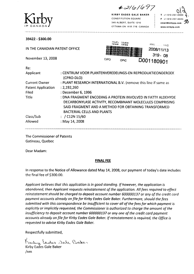 Document de brevet canadien 2192260. Correspondance 20081113. Image 1 de 1