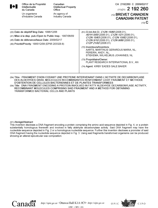 Document de brevet canadien 2192260. Page couverture 20090126. Image 1 de 1
