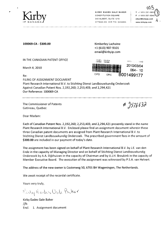 Document de brevet canadien 2192260. Cession 20100304. Image 1 de 3