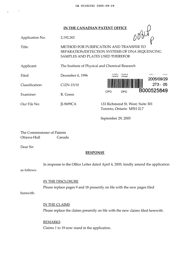 Document de brevet canadien 2192262. Poursuite-Amendment 20050929. Image 1 de 9