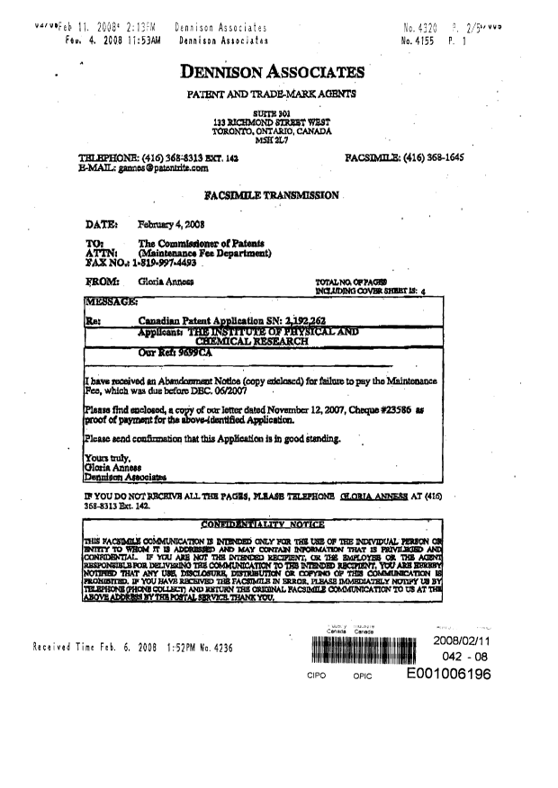 Document de brevet canadien 2192262. Correspondance 20080211. Image 1 de 5