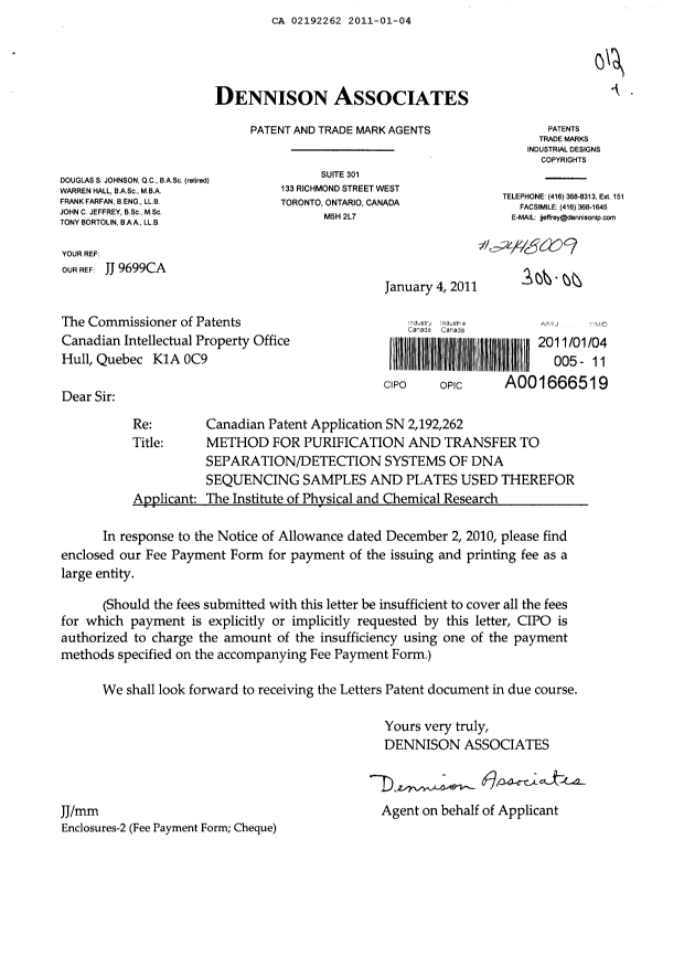 Document de brevet canadien 2192262. Correspondance 20110104. Image 1 de 1