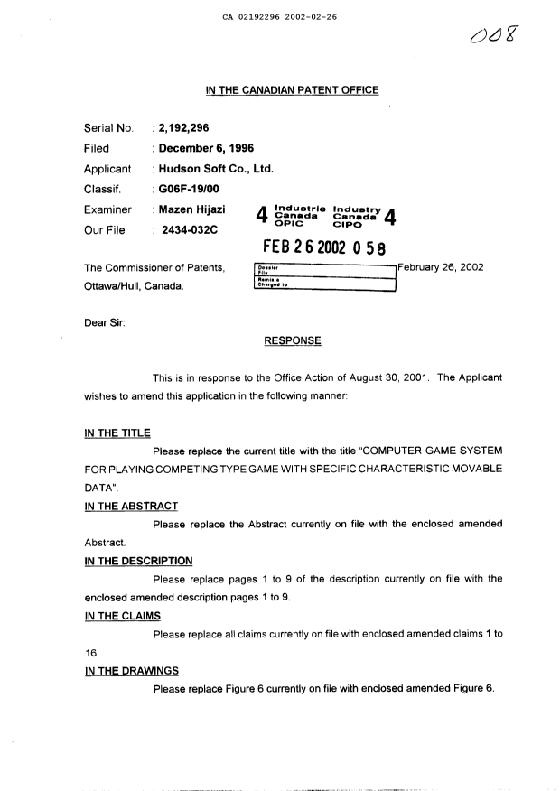 Canadian Patent Document 2192296. Prosecution-Amendment 20020226. Image 1 of 23