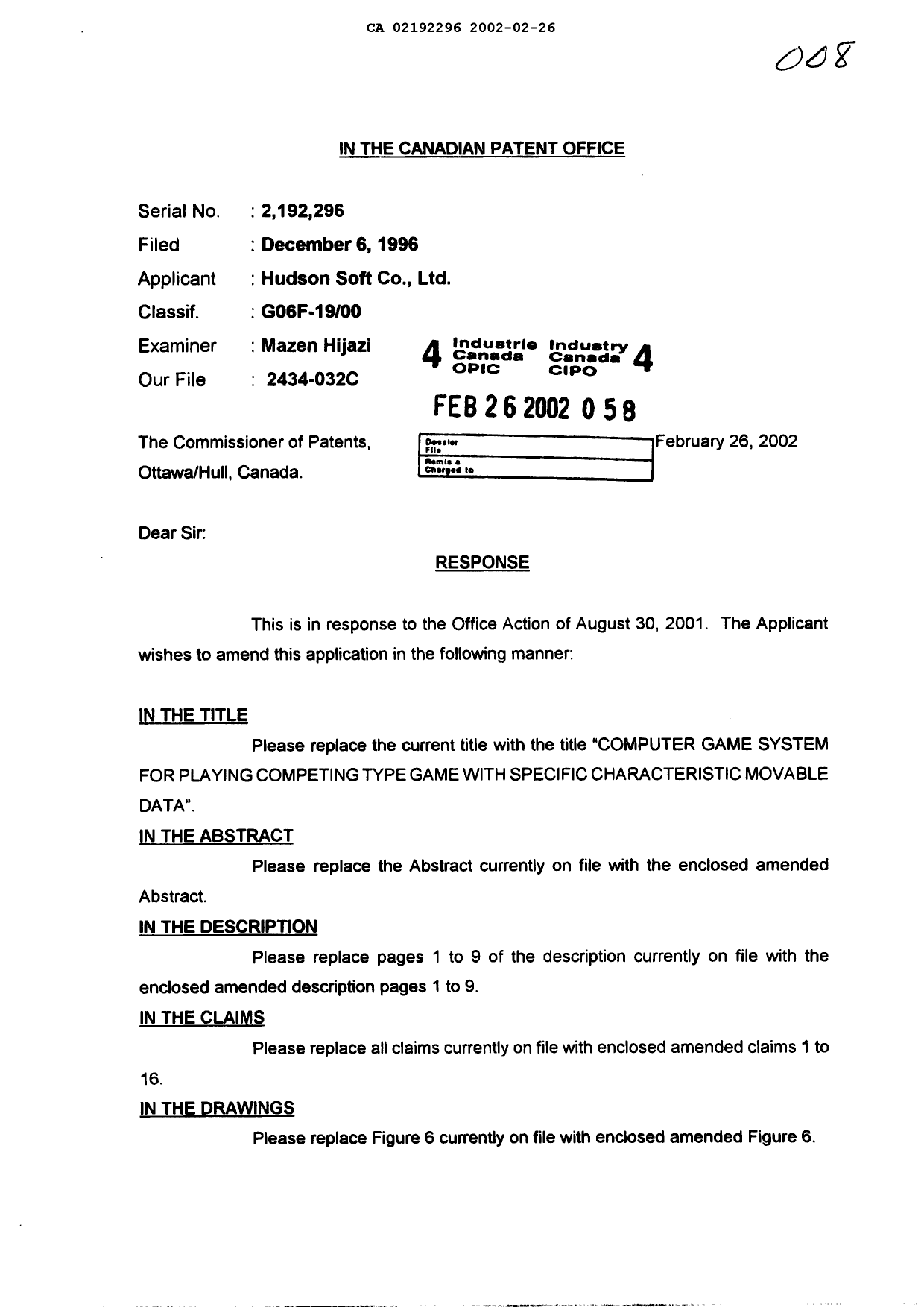 Canadian Patent Document 2192296. Prosecution-Amendment 20020226. Image 1 of 23