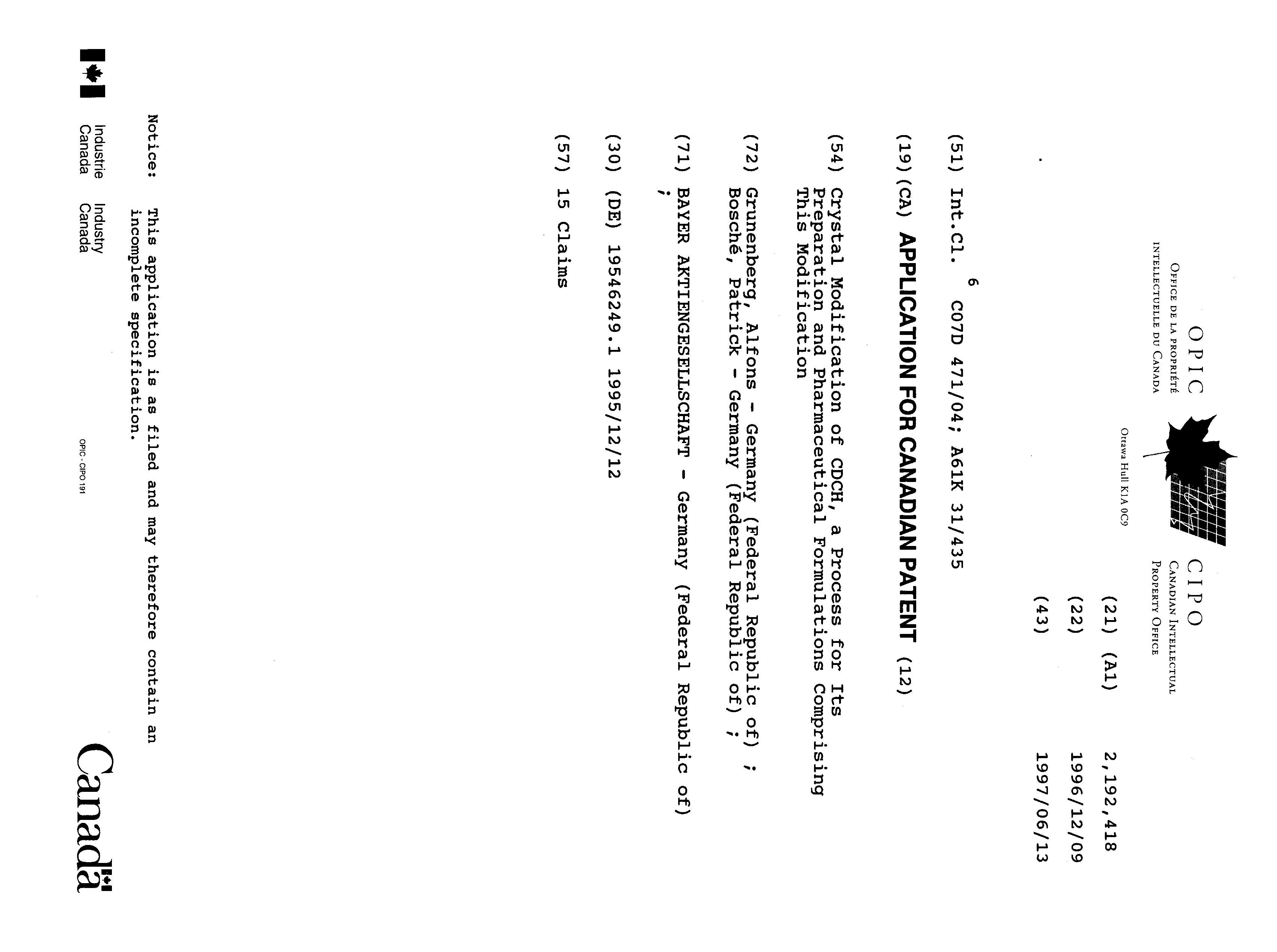 Canadian Patent Document 2192418. Cover Page 19961217. Image 1 of 1