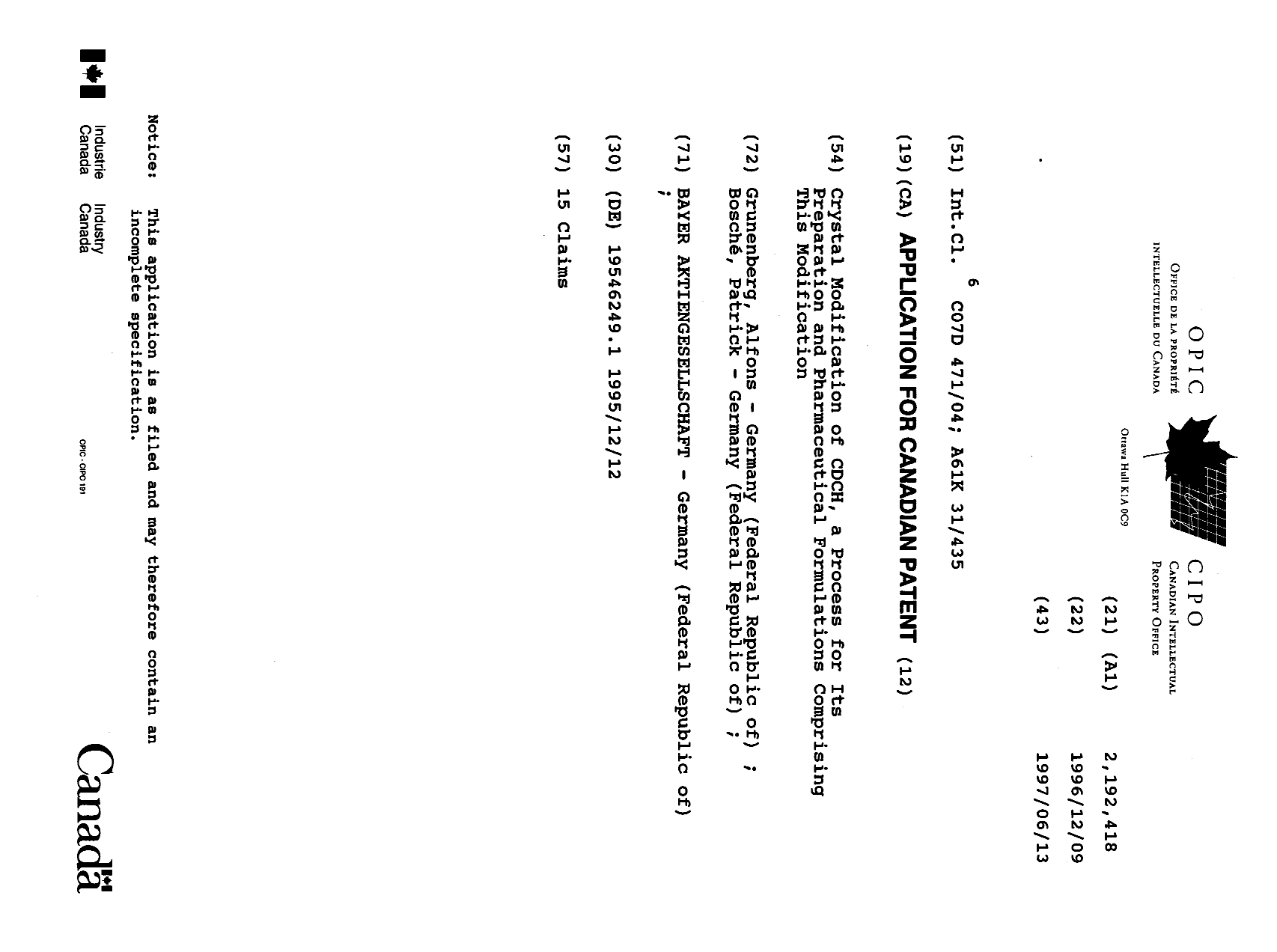 Document de brevet canadien 2192418. Page couverture 19961217. Image 1 de 1