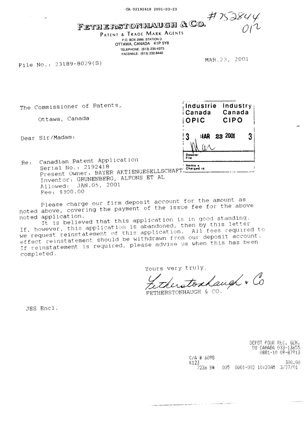 Canadian Patent Document 2192418. Correspondence 20001223. Image 1 of 1