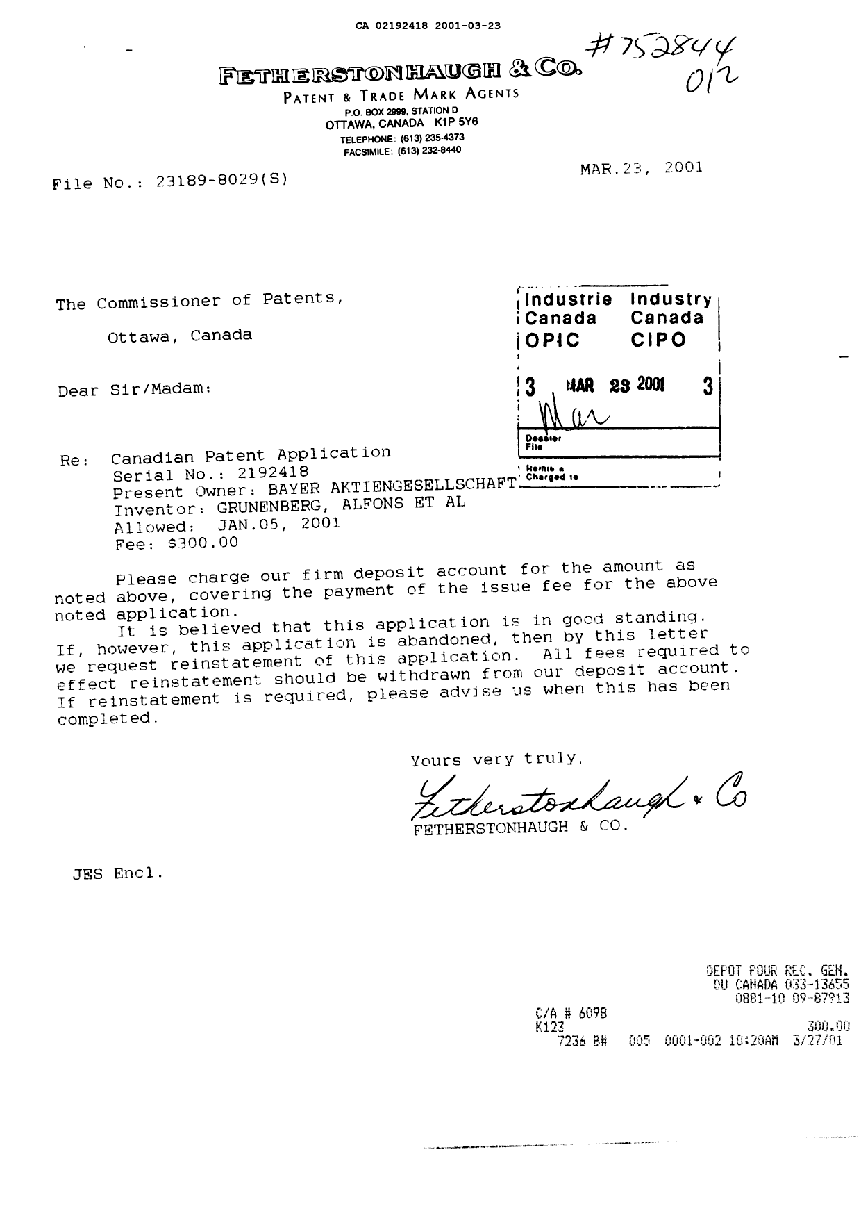 Canadian Patent Document 2192418. Correspondence 20001223. Image 1 of 1
