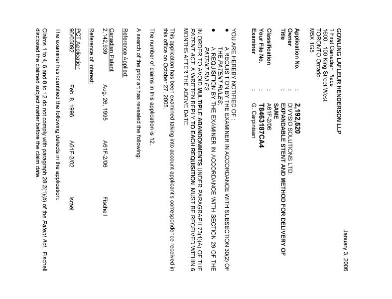 Canadian Patent Document 2192520. Prosecution-Amendment 20060103. Image 1 of 2