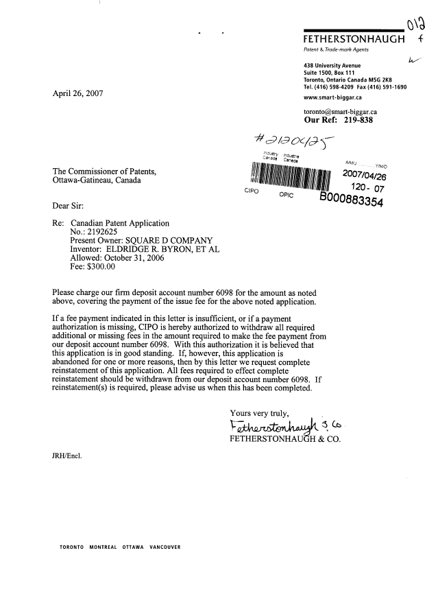 Canadian Patent Document 2192625. Correspondence 20070426. Image 1 of 1