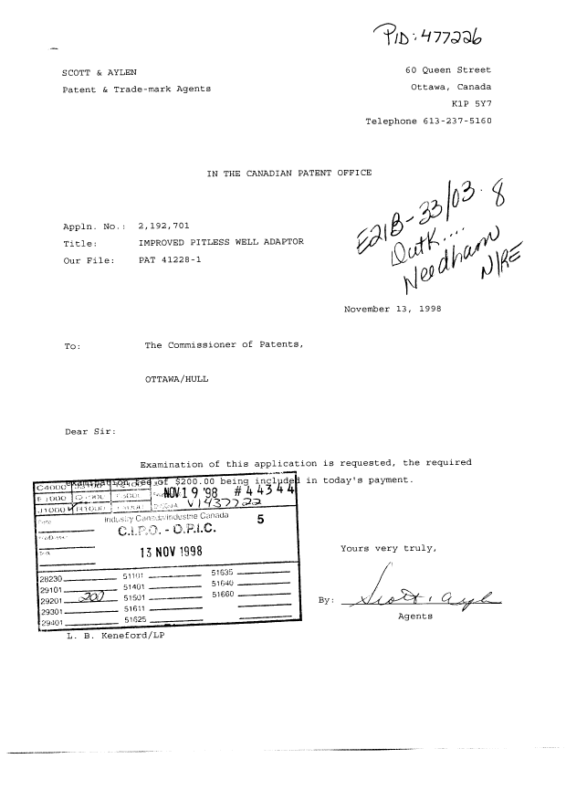 Canadian Patent Document 2192701. Prosecution-Amendment 19981113. Image 1 of 1