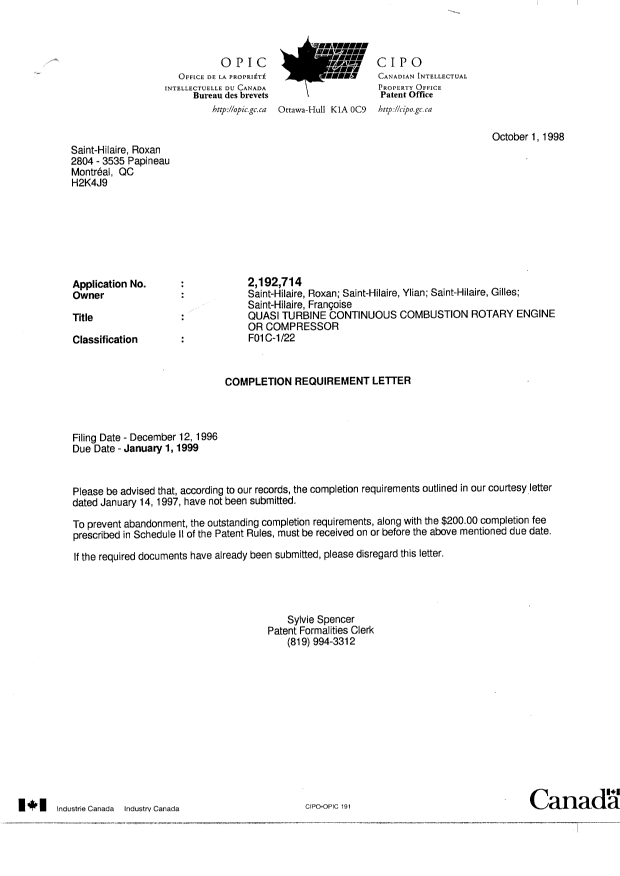 Document de brevet canadien 2192714. Correspondance 19971201. Image 1 de 3