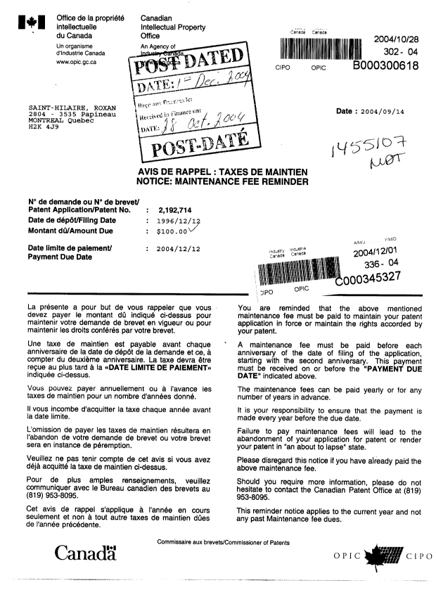 Document de brevet canadien 2192714. Taxes 20031201. Image 1 de 1