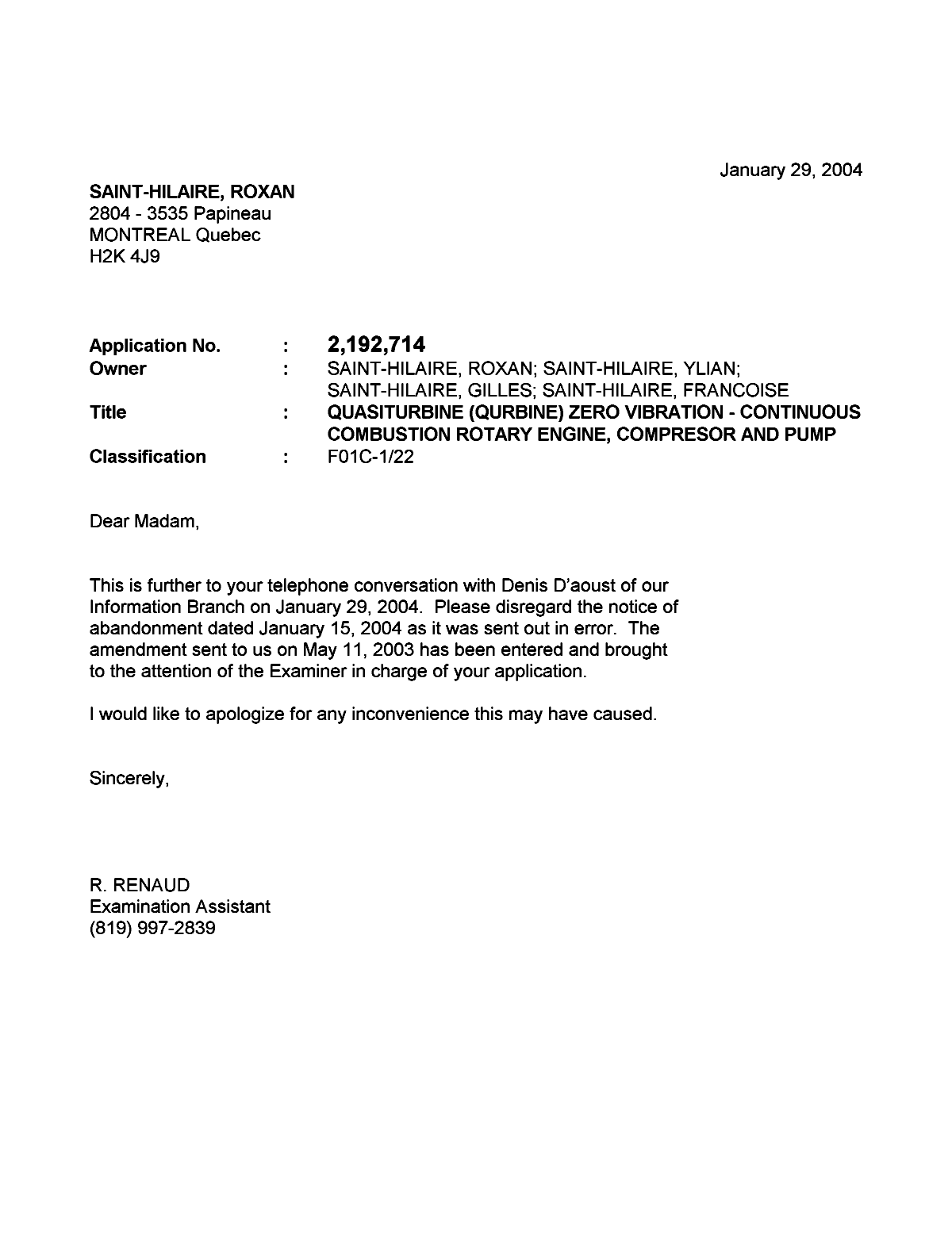 Document de brevet canadien 2192714. Correspondance 20031229. Image 1 de 1