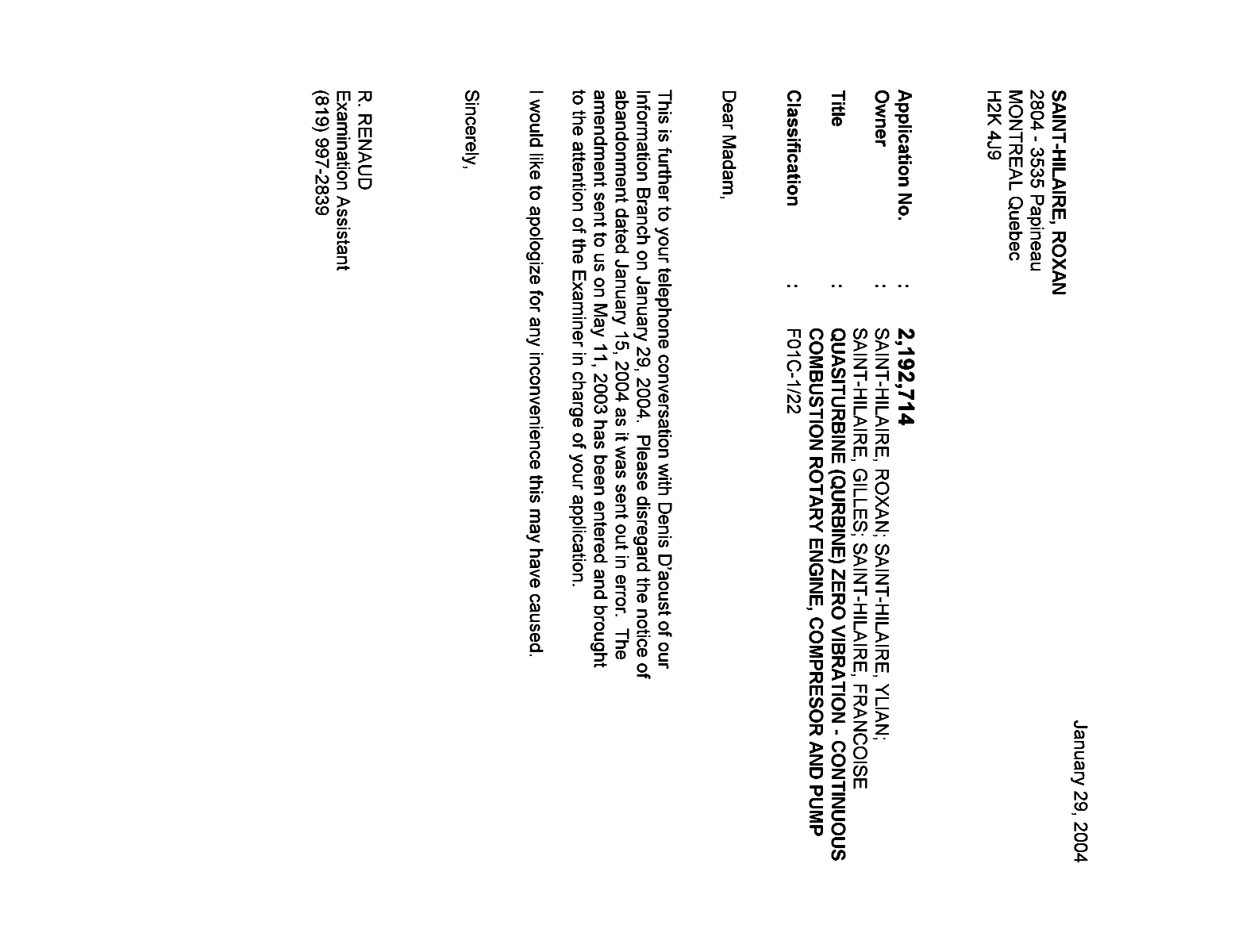 Document de brevet canadien 2192714. Correspondance 20031229. Image 1 de 1