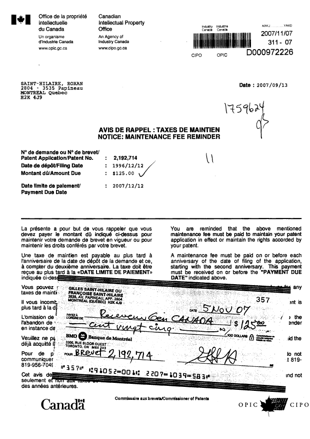 Document de brevet canadien 2192714. Taxes 20061207. Image 1 de 1