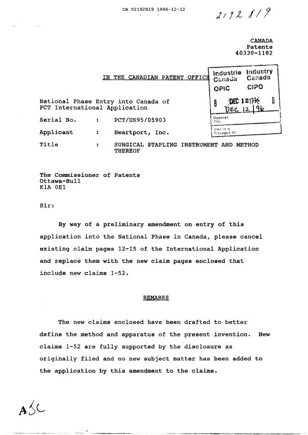 Canadian Patent Document 2192819. Prosecution-Amendment 19951212. Image 1 of 7