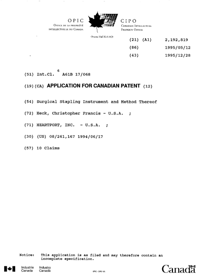 Canadian Patent Document 2192819. Cover Page 19971223. Image 1 of 1