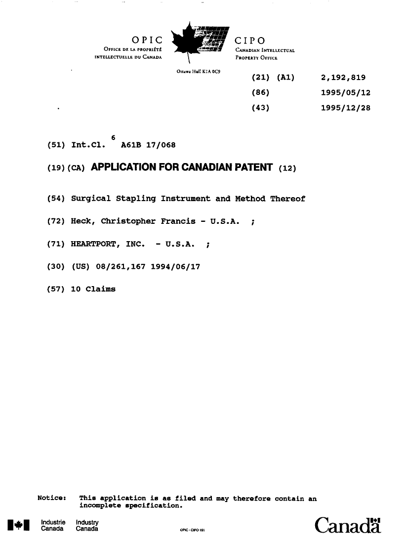 Canadian Patent Document 2192819. Cover Page 19980623. Image 1 of 1