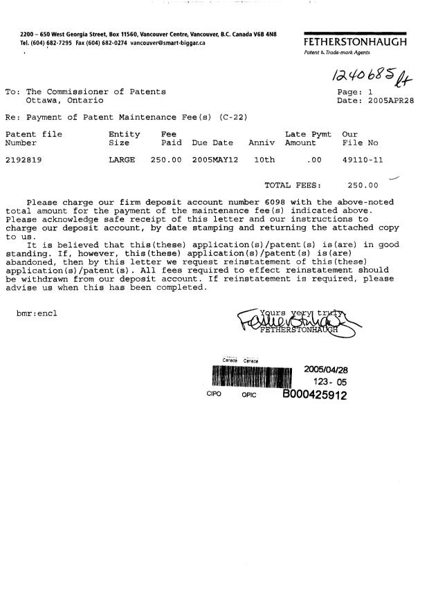Document de brevet canadien 2192819. Taxes 20050428. Image 1 de 1