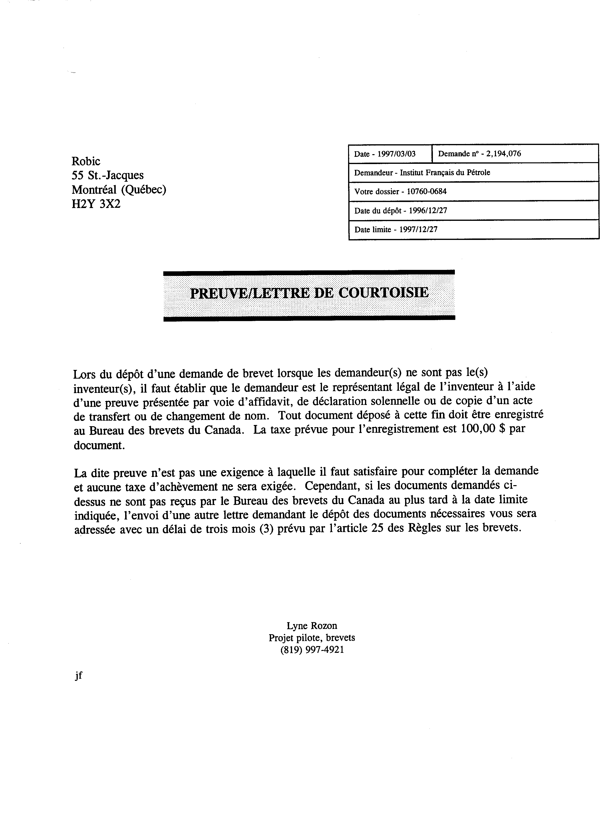 Canadian Patent Document 2194076. Correspondence 19961203. Image 1 of 1