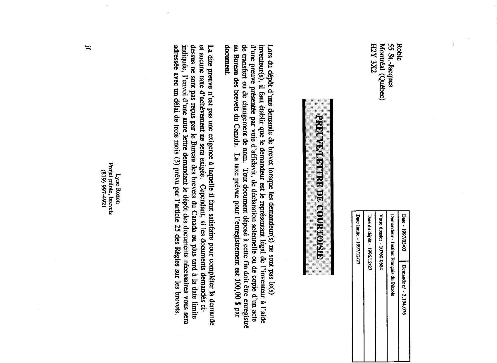 Canadian Patent Document 2194076. Correspondence 19961203. Image 1 of 1