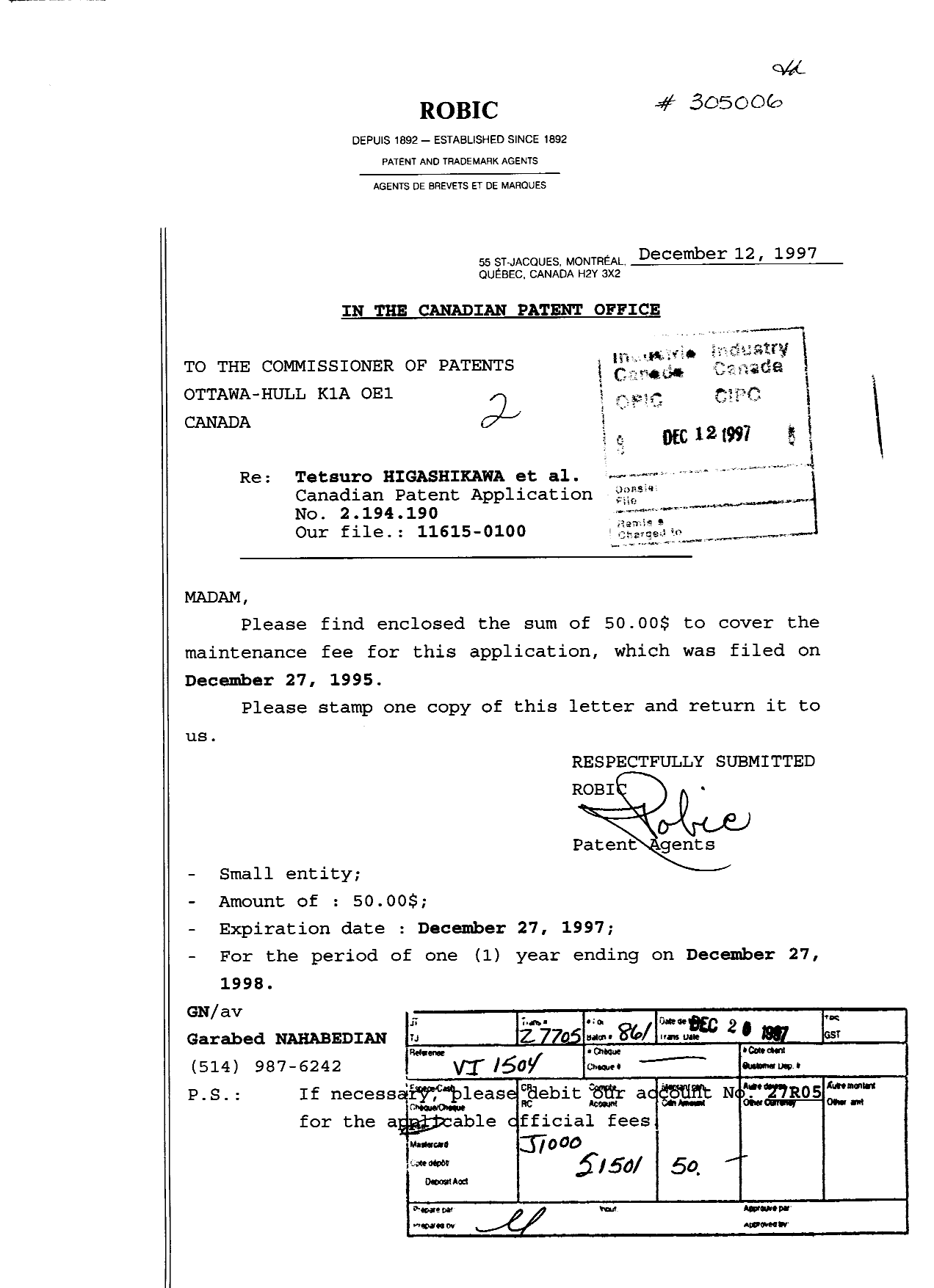 Document de brevet canadien 2194190. Taxes 19971212. Image 1 de 1