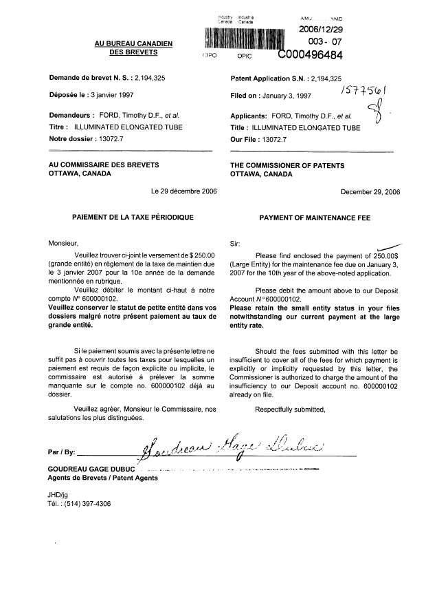 Document de brevet canadien 2194325. Taxes 20061229. Image 1 de 1