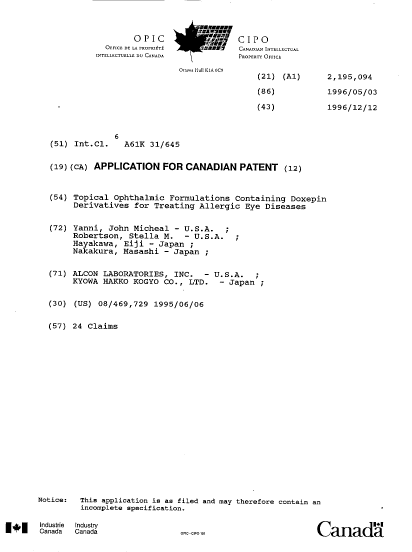 Canadian Patent Document 2195094. Cover Page 19961201. Image 1 of 1