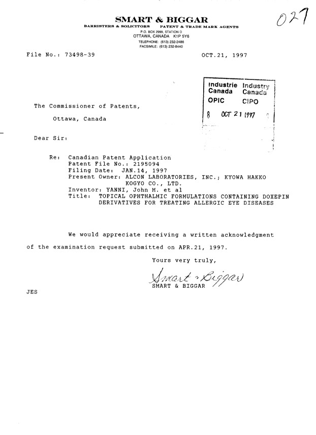 Document de brevet canadien 2195094. Poursuite-Amendment 19971021. Image 1 de 1