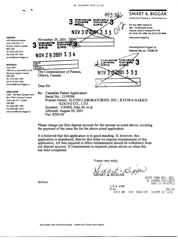 Document de brevet canadien 2195094. Correspondance 20011129. Image 1 de 1