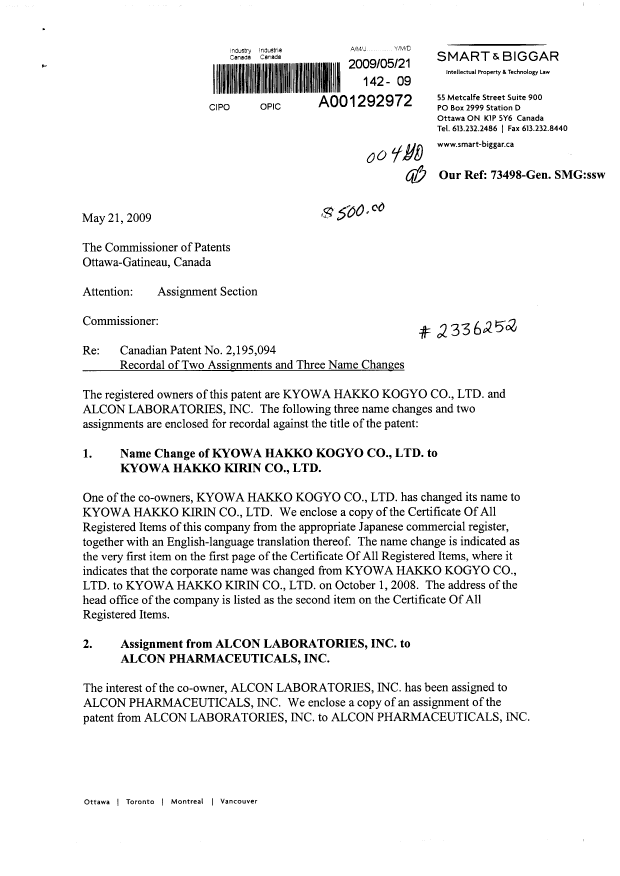 Document de brevet canadien 2195094. Cession 20090521. Image 1 de 48