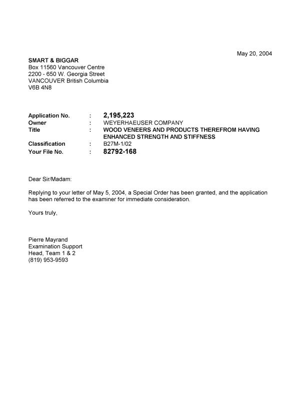 Canadian Patent Document 2195223. Prosecution-Amendment 20040520. Image 1 of 1