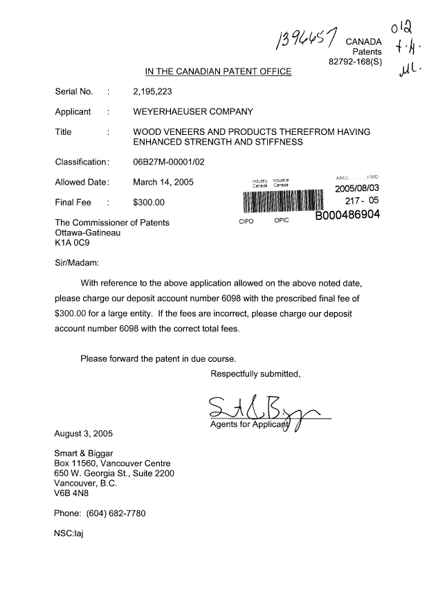 Canadian Patent Document 2195223. Correspondence 20050803. Image 1 of 1
