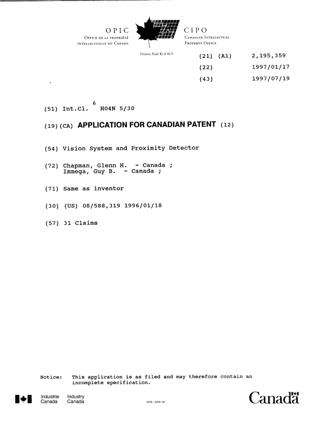 Document de brevet canadien 2195359. Page couverture 19970502. Image 1 de 1