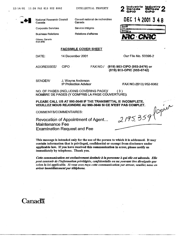 Document de brevet canadien 2195359. Correspondance 20001214. Image 1 de 4