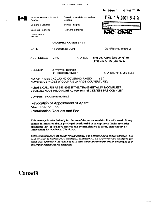 Document de brevet canadien 2195359. Correspondance 20011214. Image 1 de 2