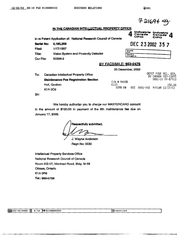 Document de brevet canadien 2195359. Taxes 20011223. Image 1 de 1