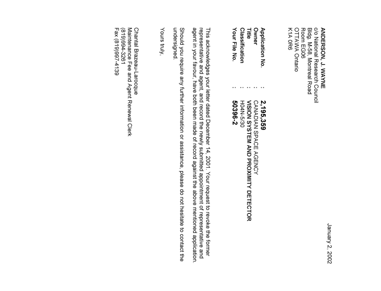 Document de brevet canadien 2195359. Correspondance 20020102. Image 1 de 1