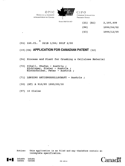 Canadian Patent Document 2195409. Cover Page 19970501. Image 1 of 1