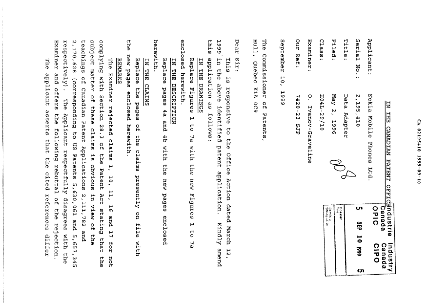 Canadian Patent Document 2195410. Prosecution-Amendment 19990910. Image 1 of 18