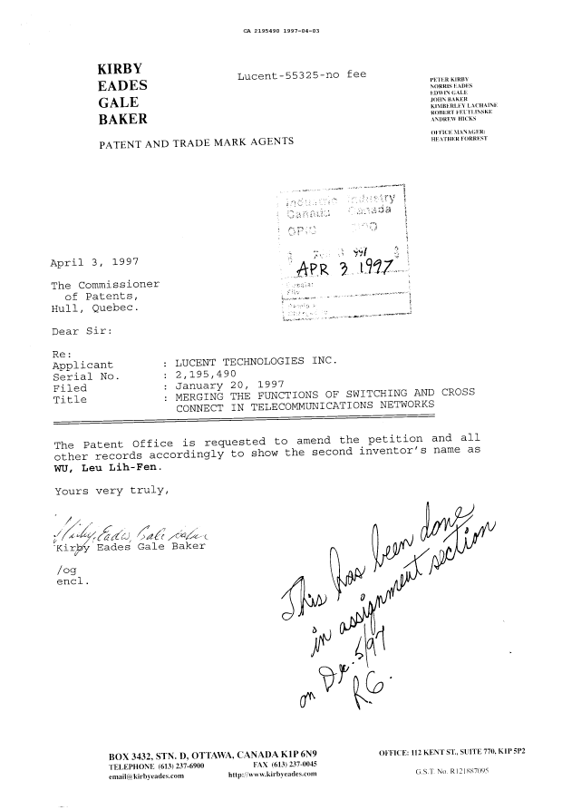 Document de brevet canadien 2195490. Correspondance reliée aux formalités 19970403. Image 1 de 1
