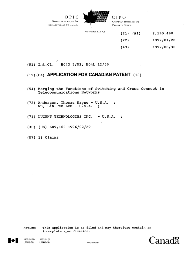 Document de brevet canadien 2195490. Page couverture 19970502. Image 1 de 1