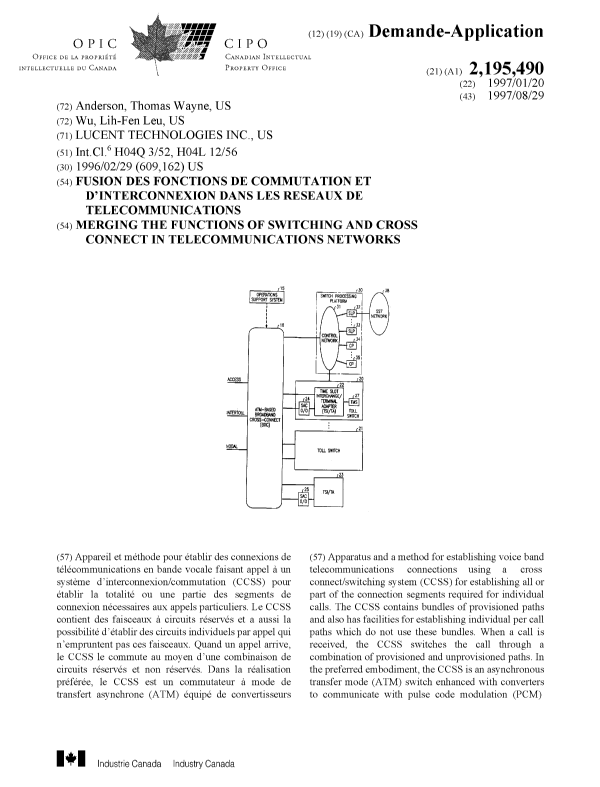 Document de brevet canadien 2195490. Page couverture 19971014. Image 1 de 2