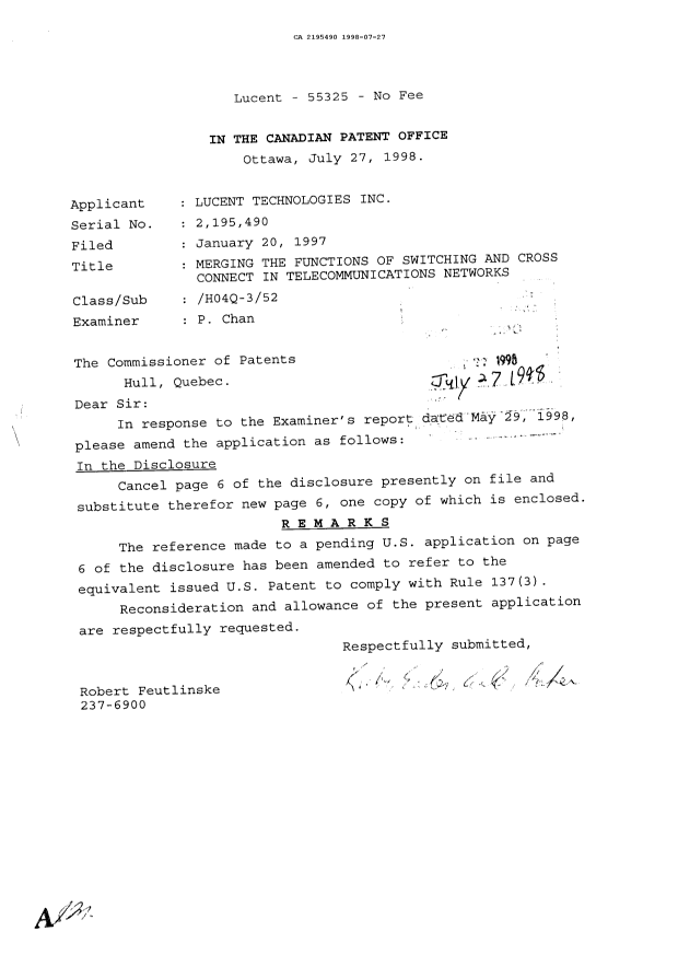 Document de brevet canadien 2195490. Correspondance de la poursuite 19980727. Image 1 de 1