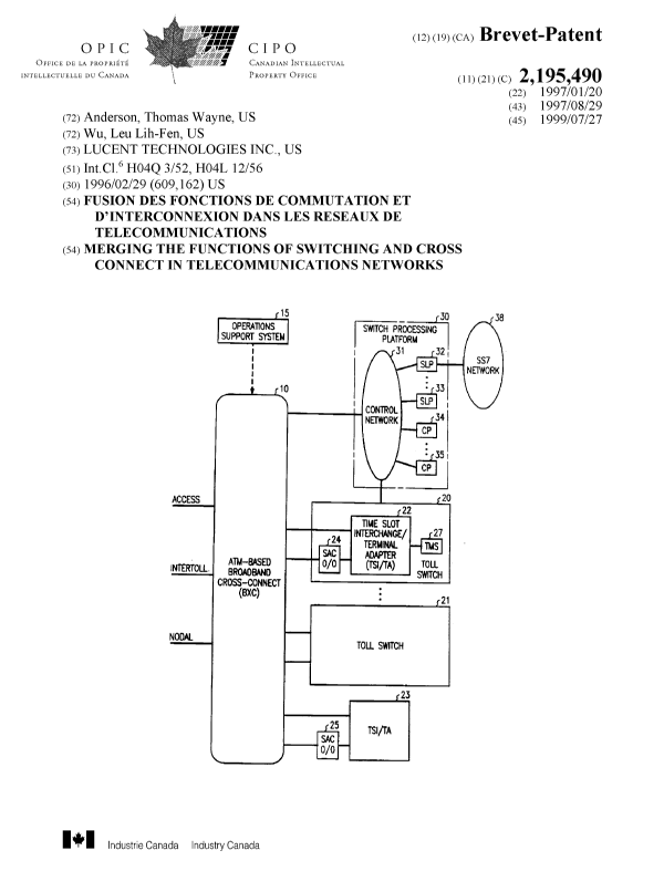 Document de brevet canadien 2195490. Page couverture 19990720. Image 1 de 2